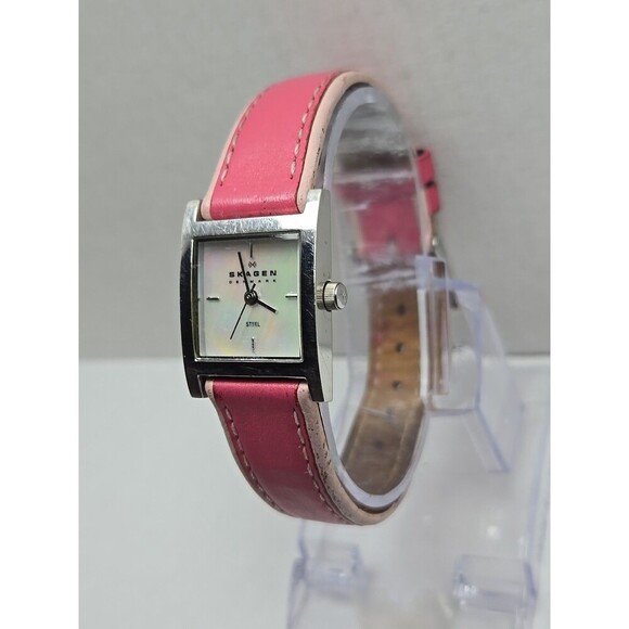 Skagen 528SSLP Women Square Watch Pearl Pink Leather Stainless Steel New Battery - Picture 2 of 12